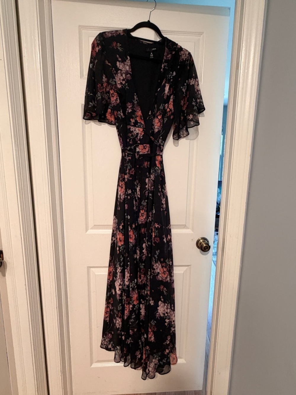 Aqua Black Maxi Dress with Pink Floral Print